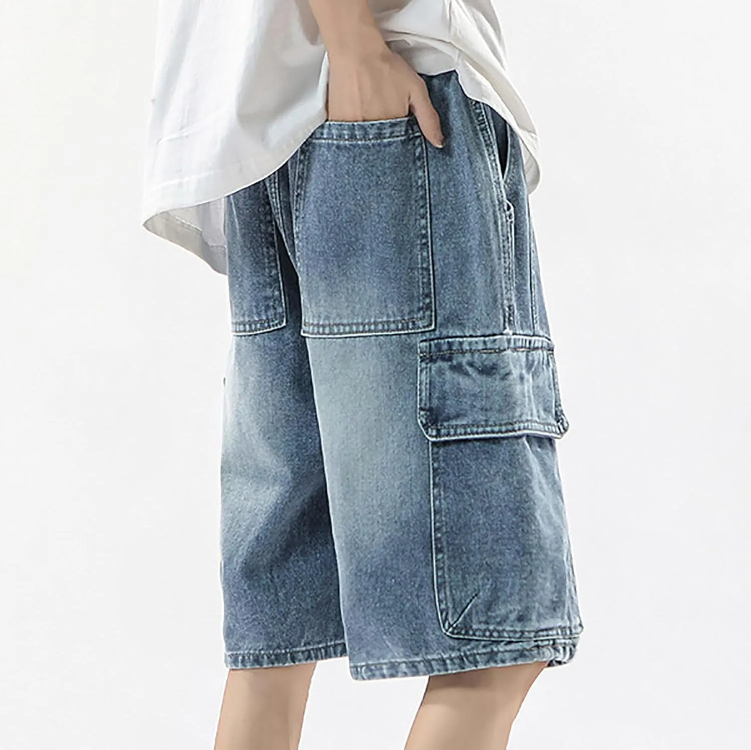 Men's Loose Fit Hip Hop Cropped Jean Shorts Baggy Denim Shorts with Pockets Casual Summer Streetwear Clothes