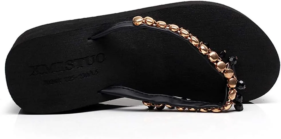 MIOKE Women's Wedge High Heel Fringe Flipflops Summer Platform Comfort Nonslip Tassel Beach Thong Sandals