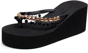 MIOKE Women's Wedge High Heel Fringe Flipflops Summer Platform Comfort Nonslip Tassel Beach Thong Sandals