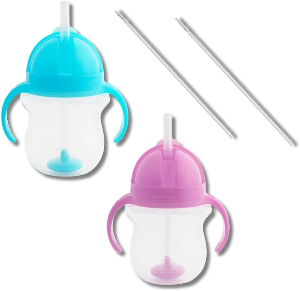 Munchkin Weighted Straw Sippy Cups for Toddlers 7oz, Leak Proof, Easy to Hold-Great toddler cups with straws, Supports Straw-use Education, Straw Cups (Purple/Blue)