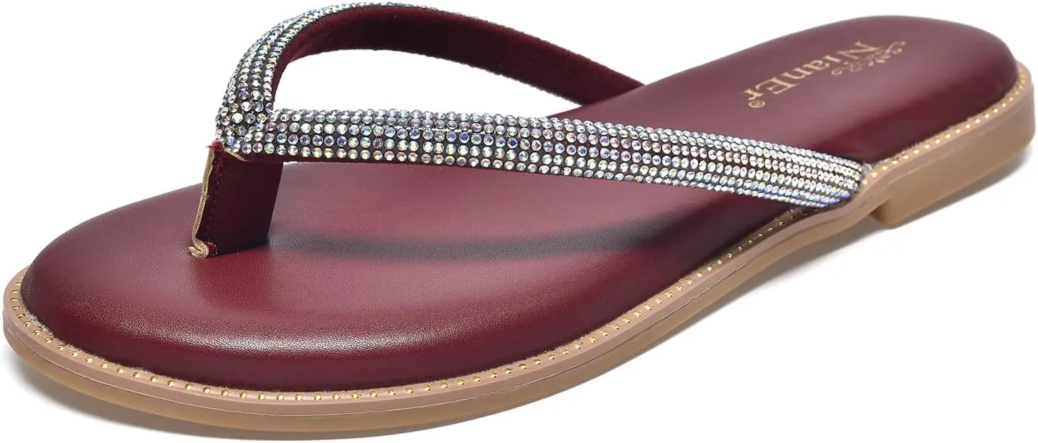 NianEr Womens Microfiber Leather Comfort Foam Rhinestone Glitter Sparkly Dress Flip Flop Sandals Summer Cute Flat Slides