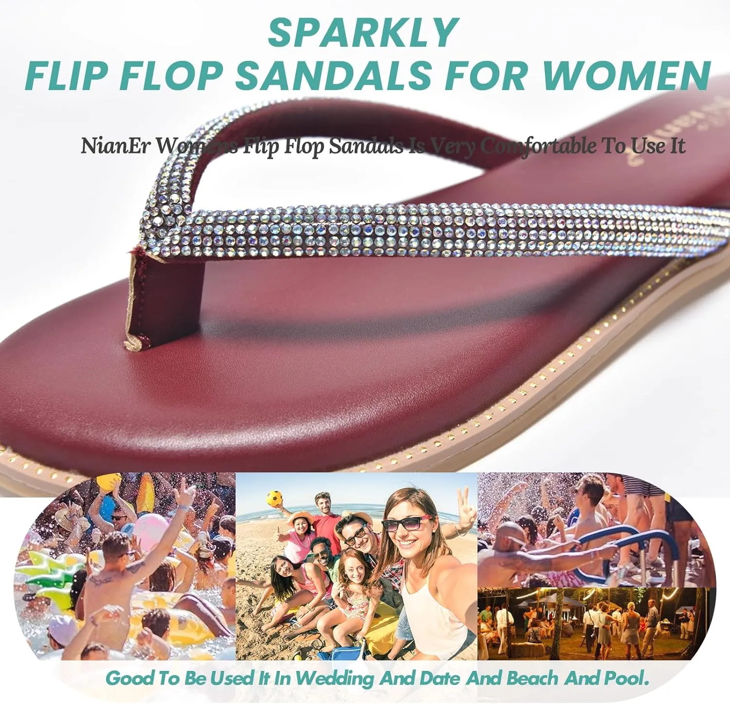 NianEr Womens Microfiber Leather Comfort Foam Rhinestone Glitter Sparkly Dress Flip Flop Sandals Summer Cute Flat Slides