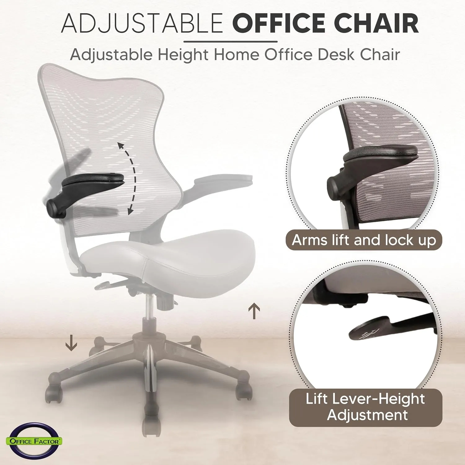 OfficeFactor Executive Ergonomic Computer Office Chair Back Mesh Bonded Leather Seat Flip-up Arms Lumbar Support Molded Foam Seat Adjustable Height Home Office Desk Chair (Grey)