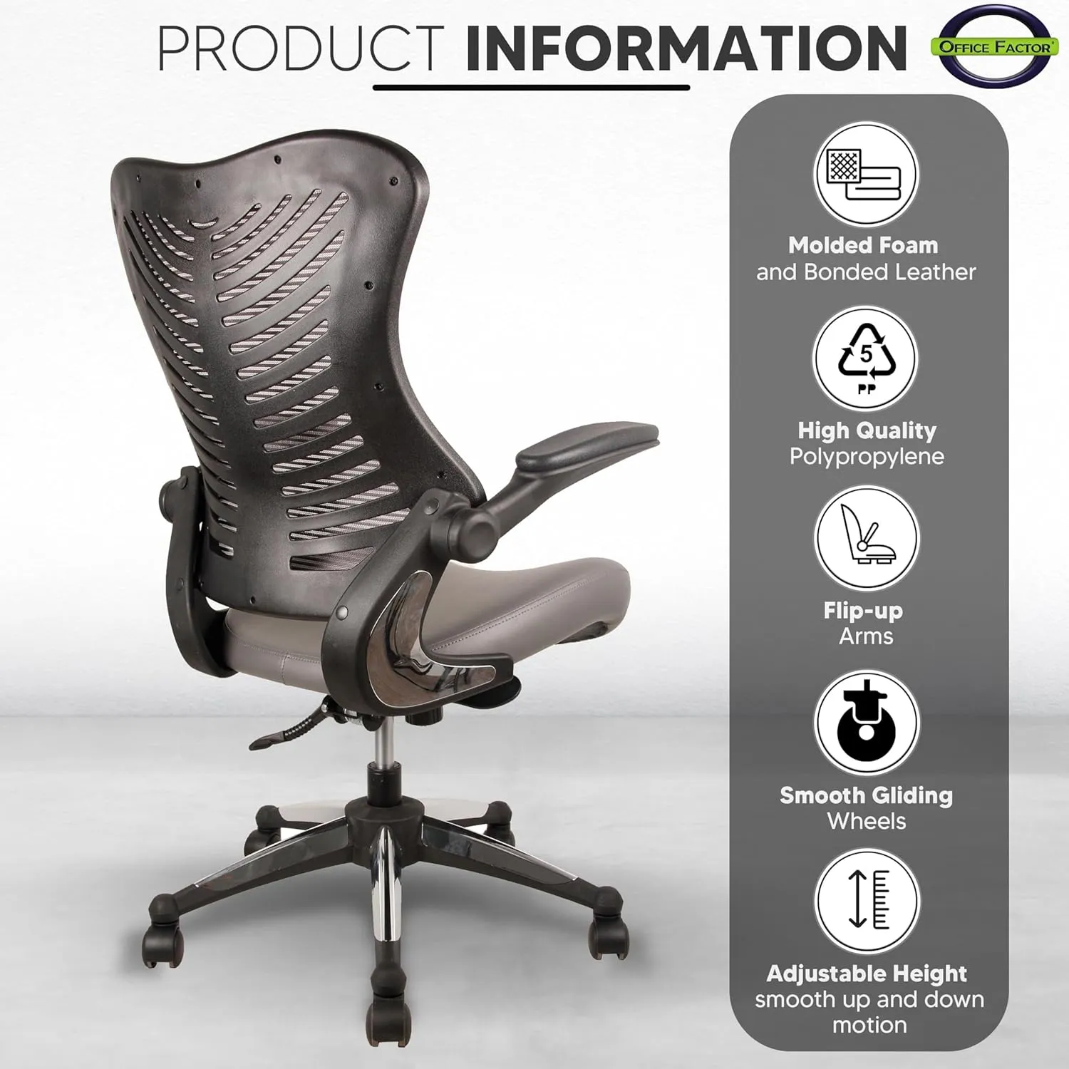 OfficeFactor Executive Ergonomic Computer Office Chair Back Mesh Bonded Leather Seat Flip-up Arms Lumbar Support Molded Foam Seat Adjustable Height Home Office Desk Chair (Grey)