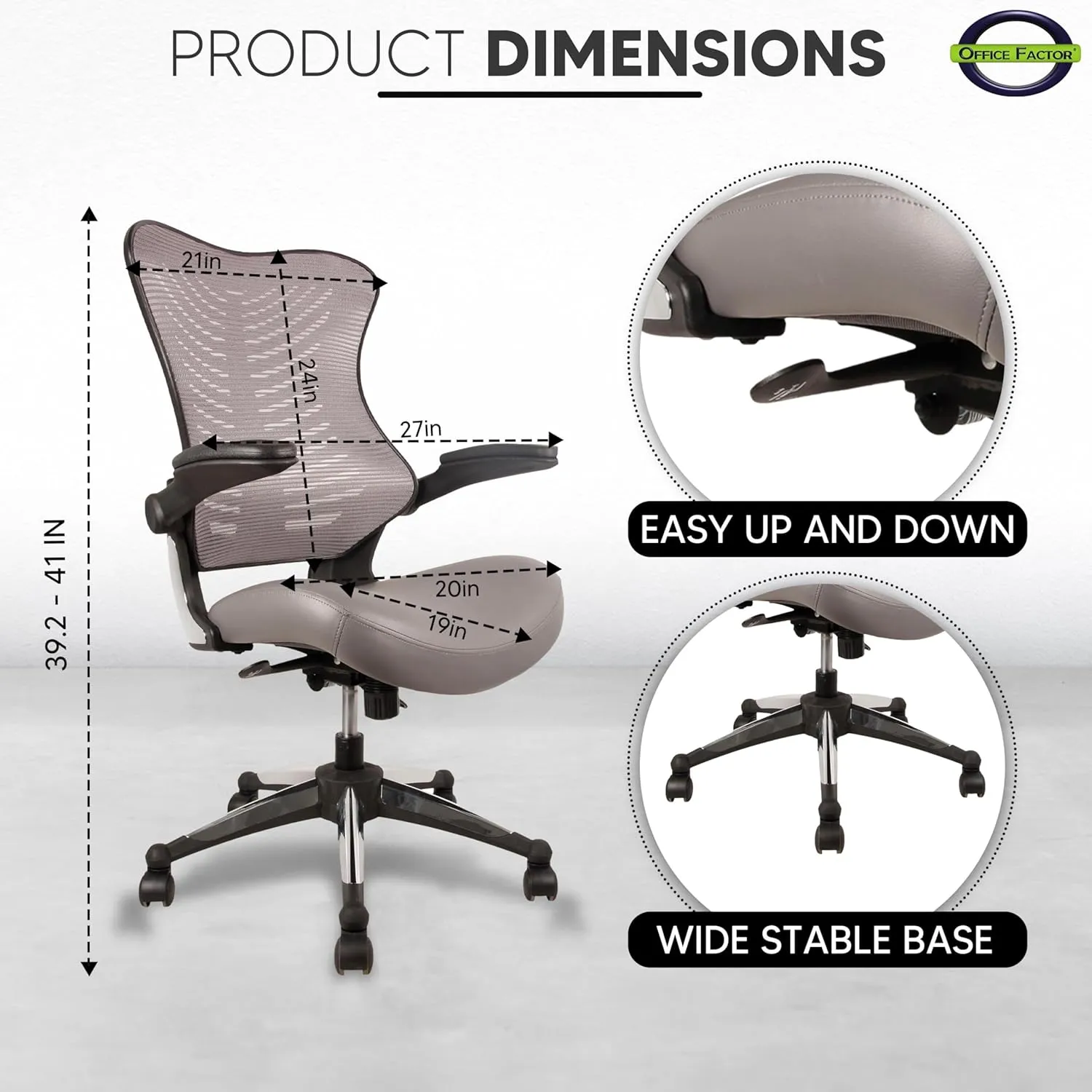 OfficeFactor Executive Ergonomic Computer Office Chair Back Mesh Bonded Leather Seat Flip-up Arms Lumbar Support Molded Foam Seat Adjustable Height Home Office Desk Chair (Grey)