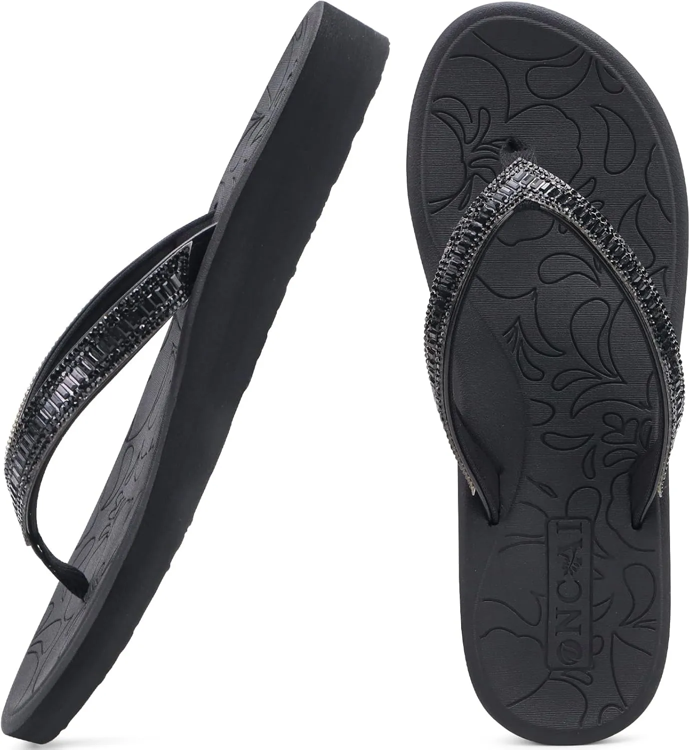 ONCAI Women's Flip Flops with Rhinestone, Arch Support Yoga Mat Comfort Walking Summer Beach Thong Sandals with Plantar Fasciitis Rubber Soles US Size 5-11
