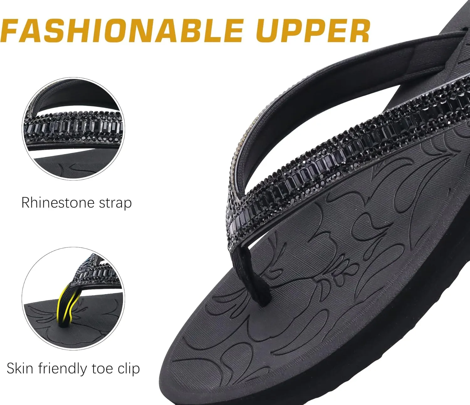 ONCAI Women's Flip Flops with Rhinestone, Arch Support Yoga Mat Comfort Walking Summer Beach Thong Sandals with Plantar Fasciitis Rubber Soles US Size 5-11