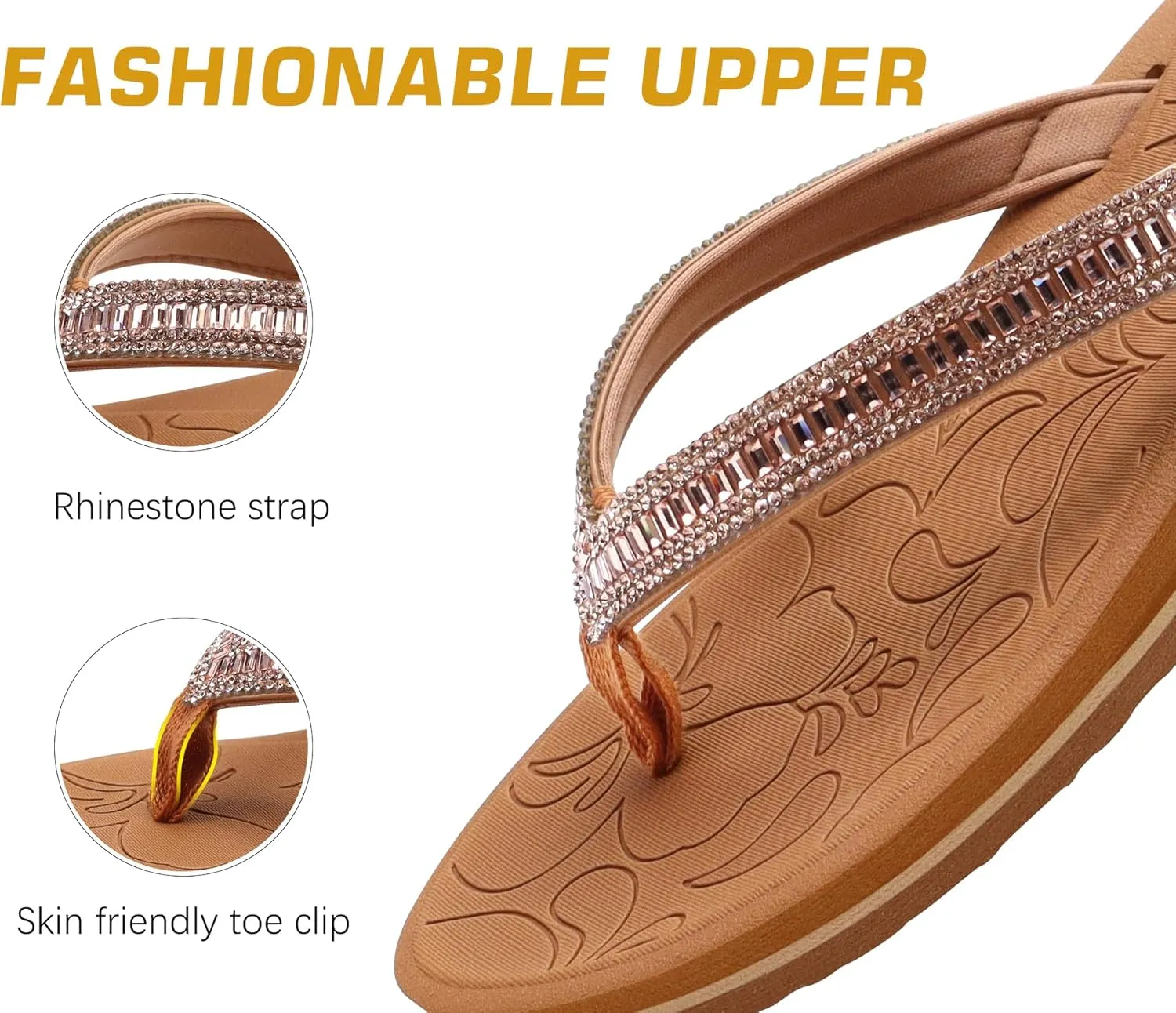 ONCAI Women's Flip Flops with Rhinestone, Arch Support Yoga Mat Comfort Walking Summer Beach Thong Sandals with Plantar Fasciitis Rubber Soles US Size 5-11