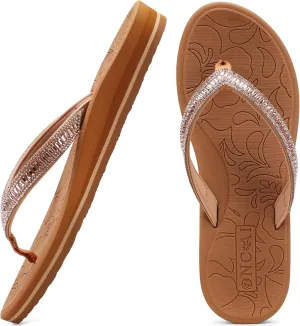 ONCAI Women's Flip Flops with Rhinestone, Arch Support Yoga Mat Comfort Walking Summer Beach Thong Sandals with Plantar Fasciitis Rubber Soles US Size 5-11
