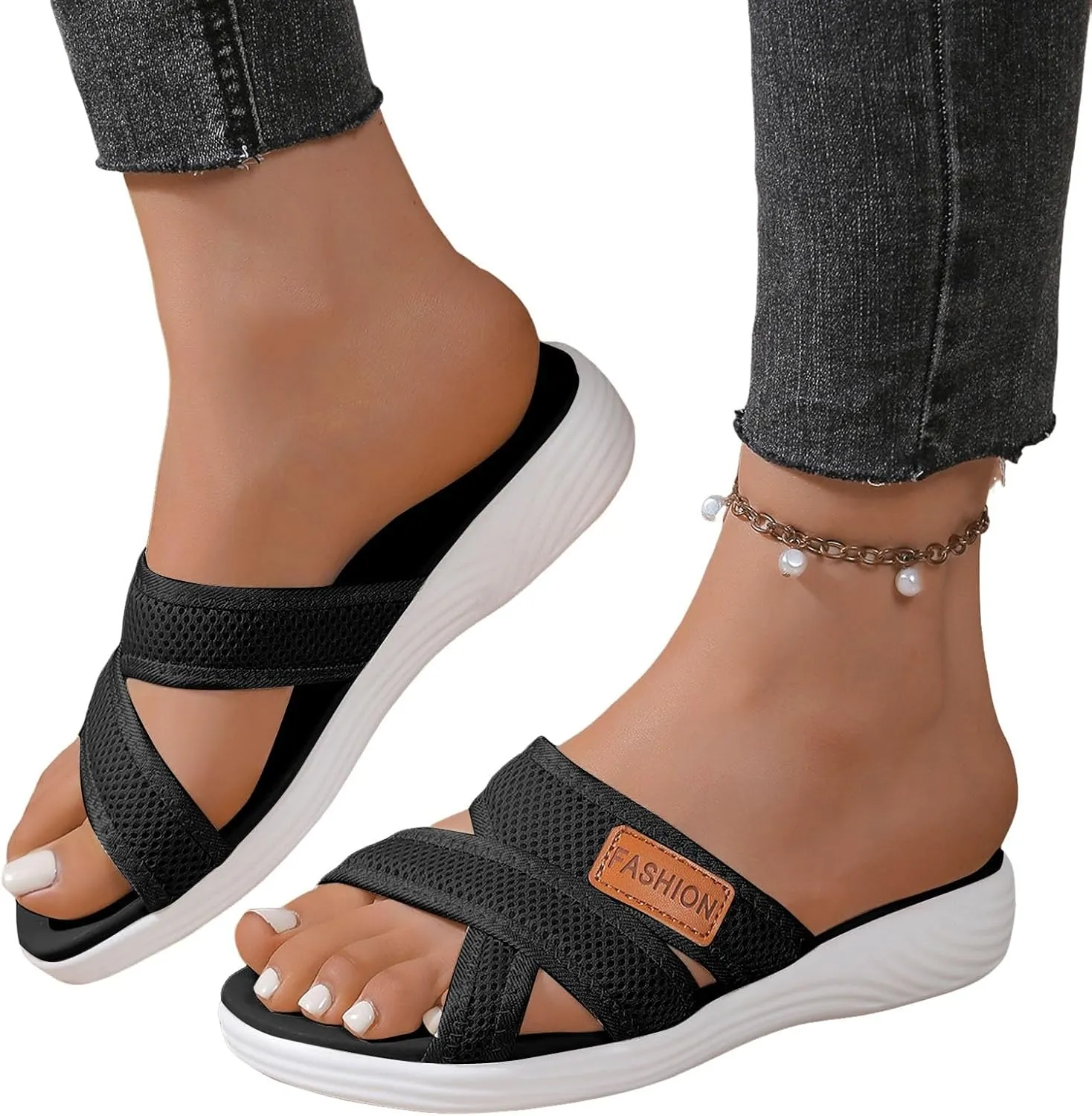 Orthopedic Sandals for Women, Fashionable Casual Summer Open Toe Soft Soled Thick Soled Flat Heeled Slippers Cushion Slip on Beach Outdoor Comfortable Breathable Mesh Slide Sandals