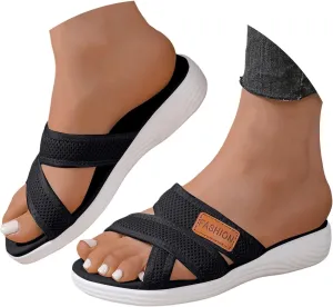 Orthopedic Sandals for Women, Fashionable Casual Summer Open Toe Soft Soled Thick Soled Flat Heeled Slippers Cushion Slip on Beach Outdoor Comfortable Breathable Mesh Slide Sandals