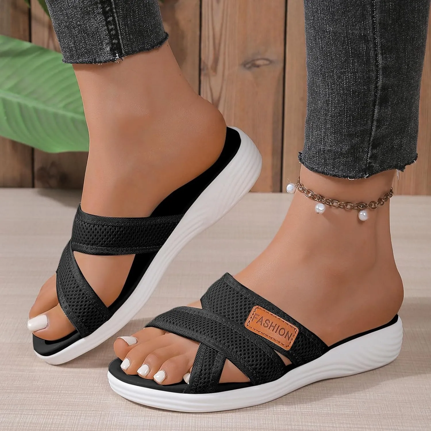 Orthopedic Sandals for Women, Fashionable Casual Summer Open Toe Soft Soled Thick Soled Flat Heeled Slippers Cushion Slip on Beach Outdoor Comfortable Breathable Mesh Slide Sandals