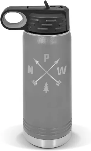 Pacific Northwest PNW Water Bottle 20 oz - Laser Engraved w/Flip Top Removable Straw - Polar Camel - Stainless - Vacuum Insulated - Drinkware - Hiking Camp Hike Camping Explore Wild
