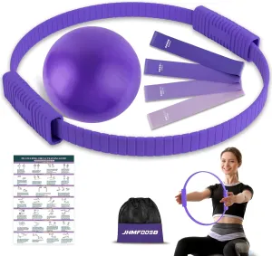 Pilates Ring Set, Pilates Essentials Kit with Pilates Ring and Ball, 4 Resistance Bands, Portable Bag & Training Poster, at Home Pilates Starter Workouts Equipment Kit for Women