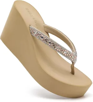 Rhinestone Womens Wedge Sandals for Women Platform Flip Flops Chunky wedge flip flops Heels Sandals Women Wedding Shoes