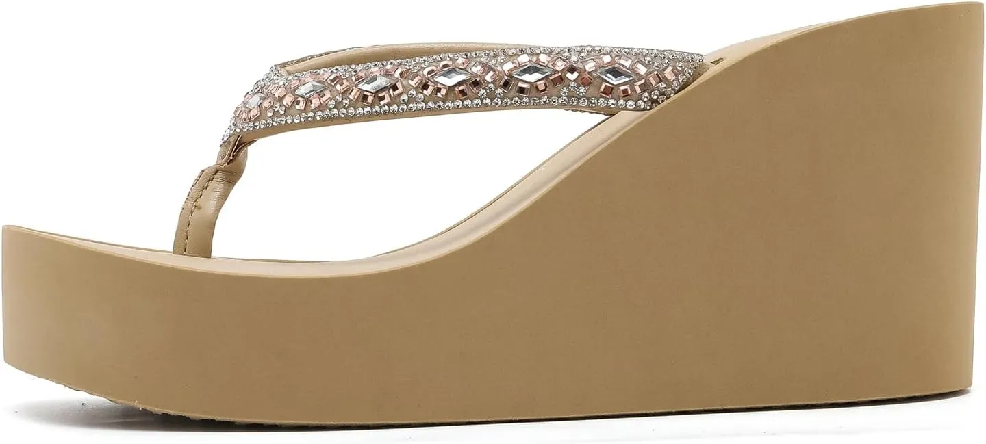 Rhinestone Womens Wedge Sandals for Women Platform Flip Flops Chunky wedge flip flops Heels Sandals Women Wedding Shoes