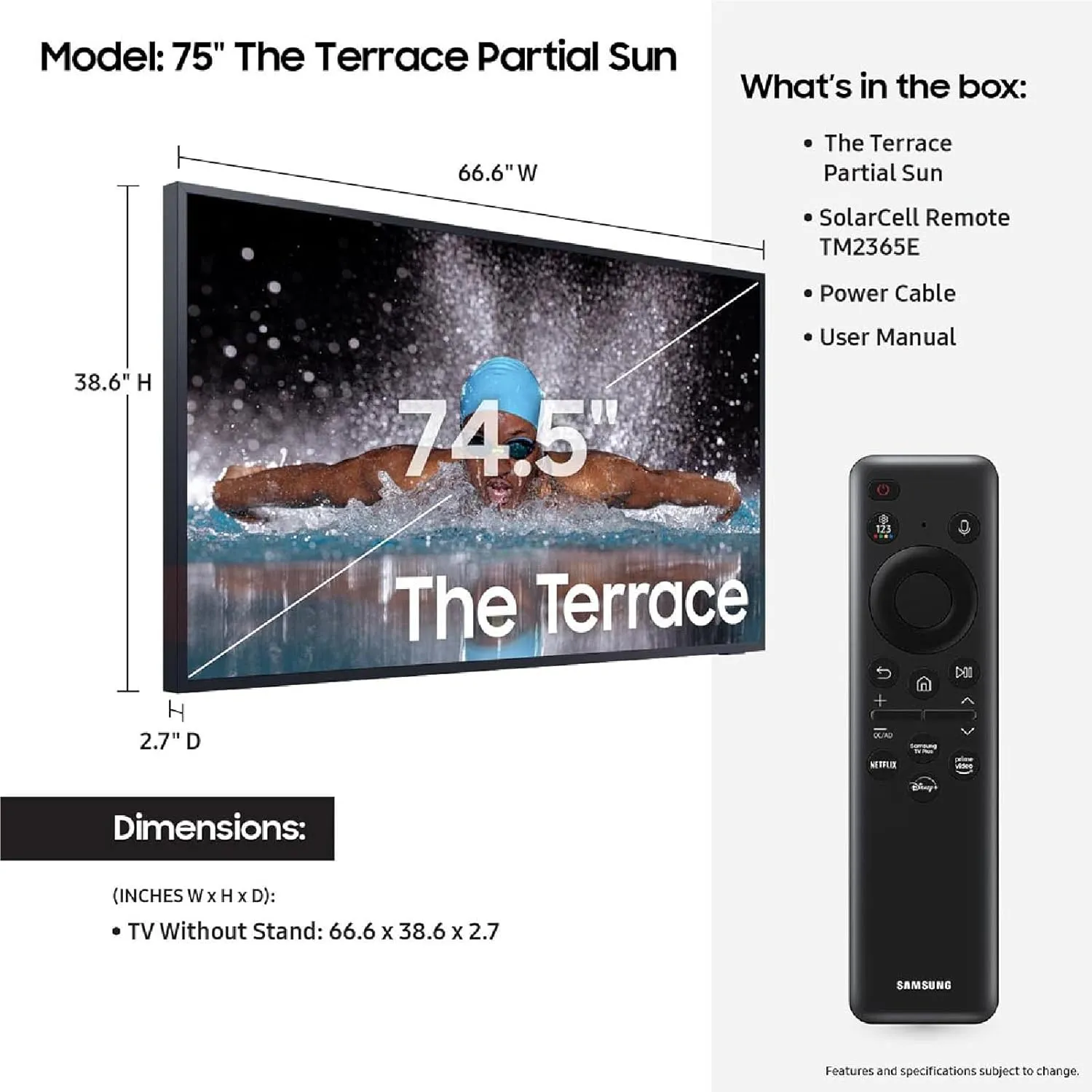 SAMSUNG 75-Inch Class Neo QLED 4K The Terrace Partial Sun, Quantum HDR , Dolby Atmos, Wide Viewing Angle, Weather Resistant, Anti-Glare Outdoor Smart TV w/Alexa Built-in, (QN75LST7DAFXZA, 2024 Model)