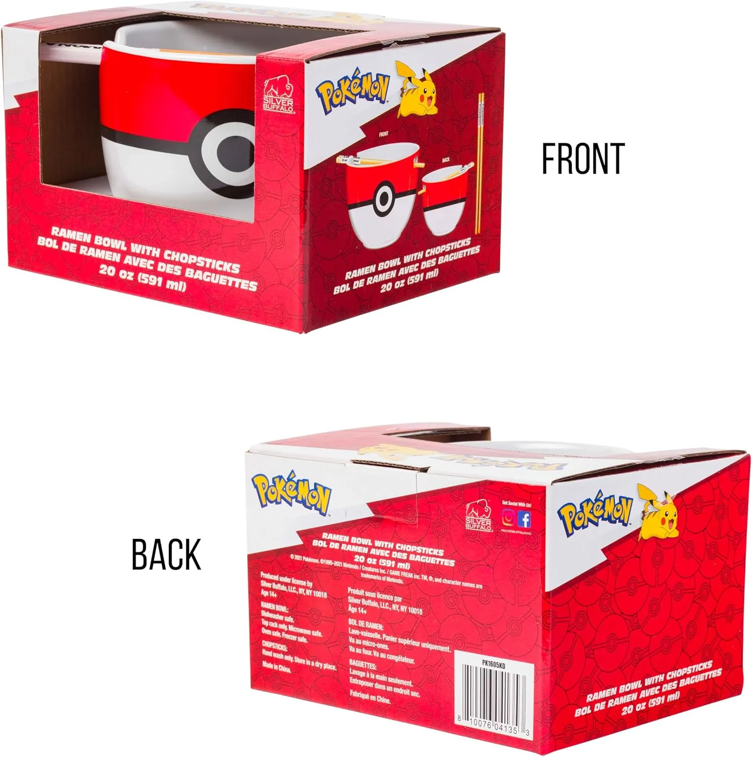 Silver Buffalo Pokemon Pokeball Ceramic Ramen Noodle Bowl with Chopsticks, Microwave Safe, 20 Ounces