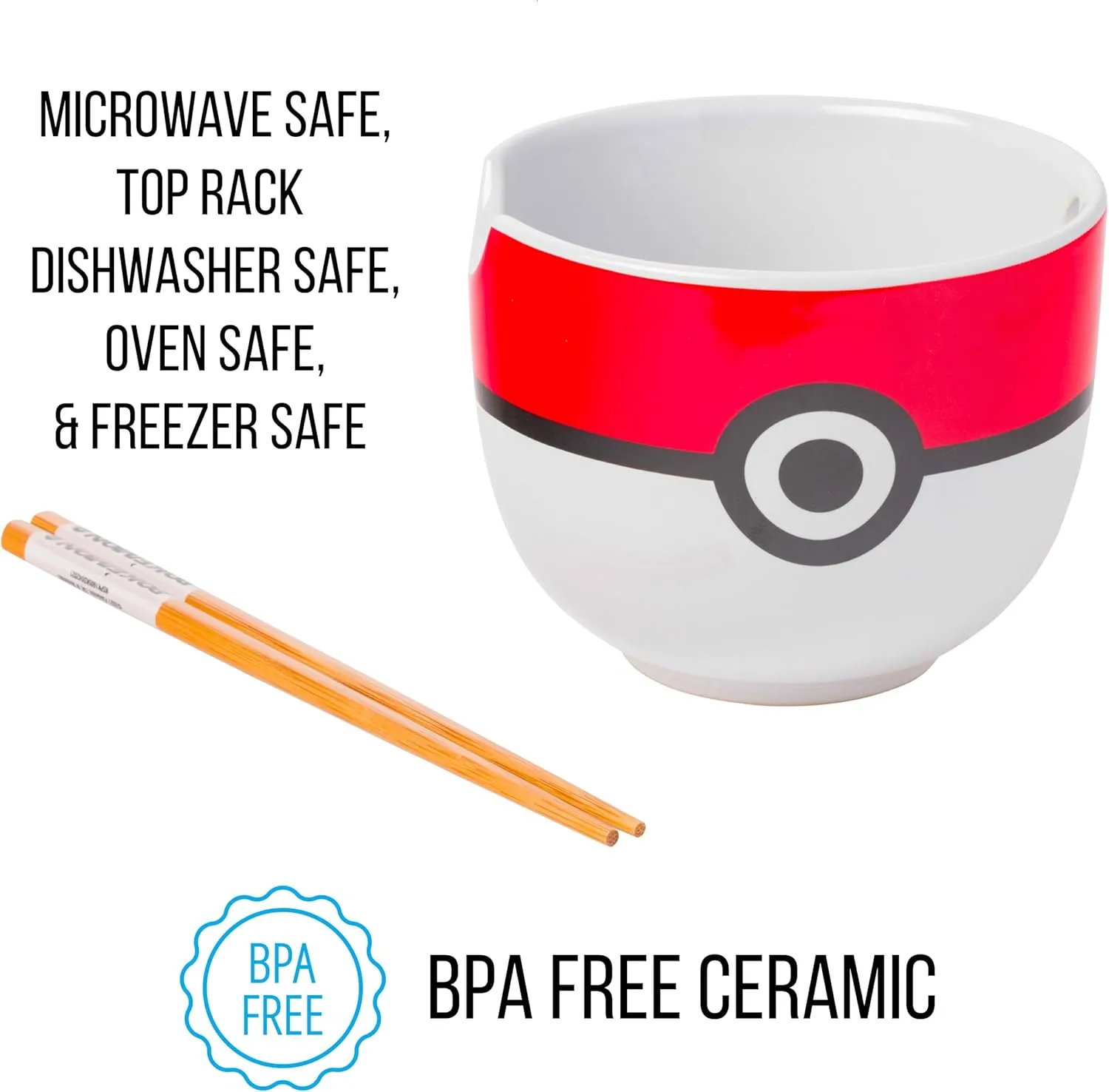 Silver Buffalo Pokemon Pokeball Ceramic Ramen Noodle Bowl with Chopsticks, Microwave Safe, 20 Ounces