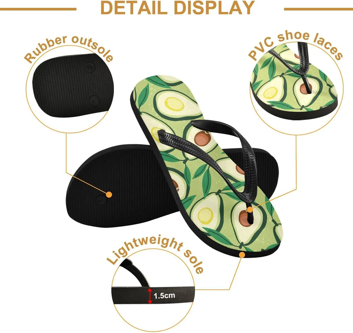 Slim Flip Flops for Women Beach - Stylized Abstract Avocado Casual Thong Flat Sandals Rubber Slide Slippers Shower Shoes