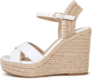 Soda “Lorita” ~ Women Square Toe Crisscross Band High Heel Espadrille Wedge Sandals