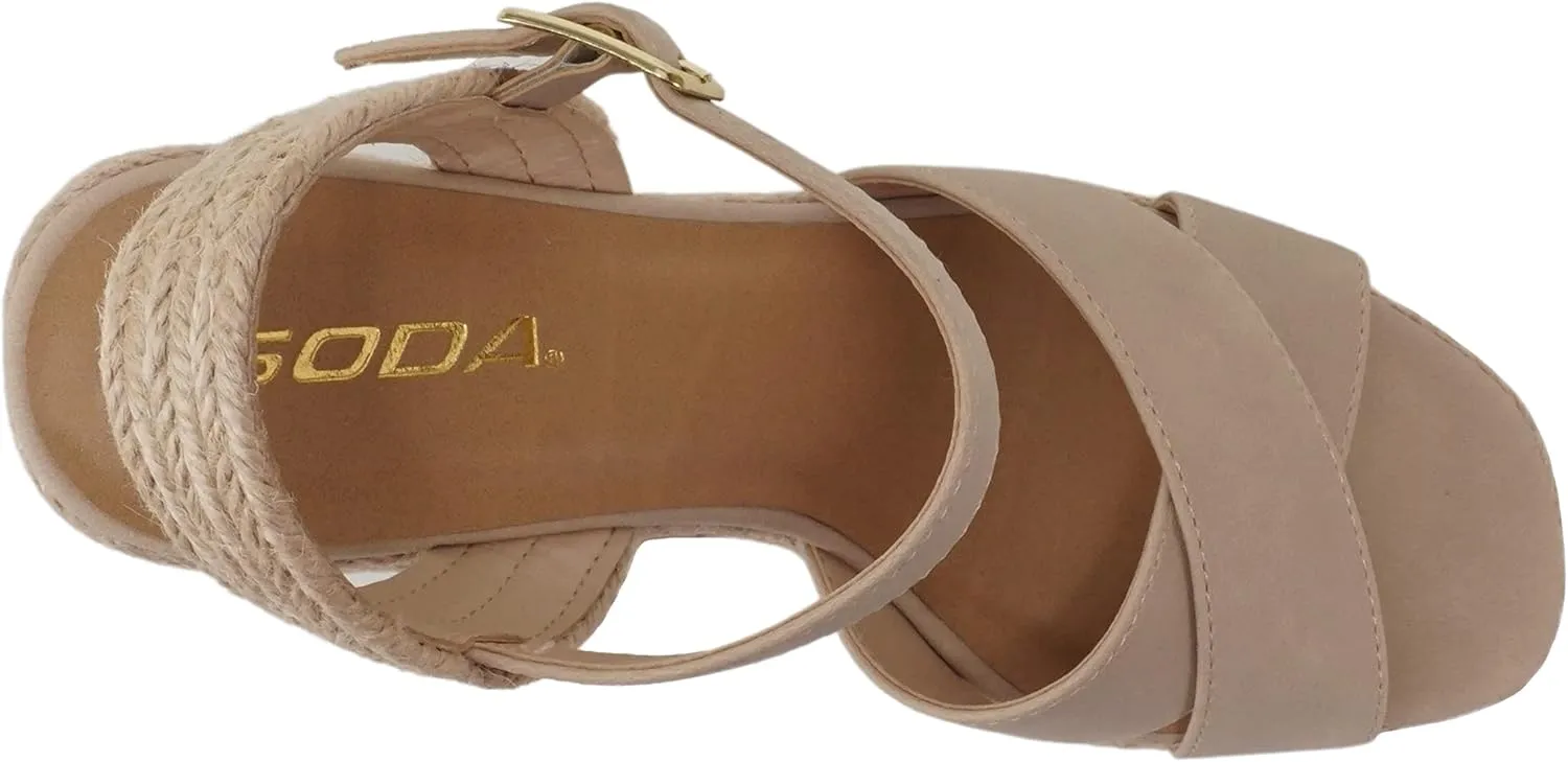 Soda MELANY ~ Women Open Toe Crisscross Two Bands Upper Ankle Strap High Heel Espadrille Wedge Sandal