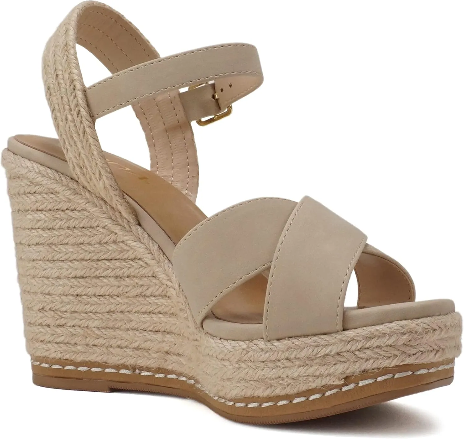 Soda MELANY ~ Women Open Toe Crisscross Two Bands Upper Ankle Strap High Heel Espadrille Wedge Sandal