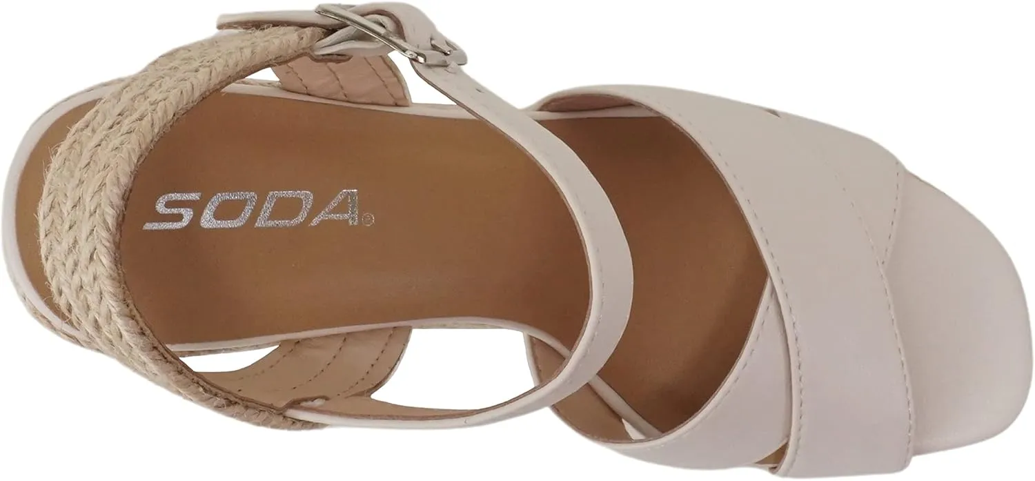 Soda MELANY ~ Women Open Toe Crisscross Two Bands Upper Ankle Strap High Heel Espadrille Wedge Sandal