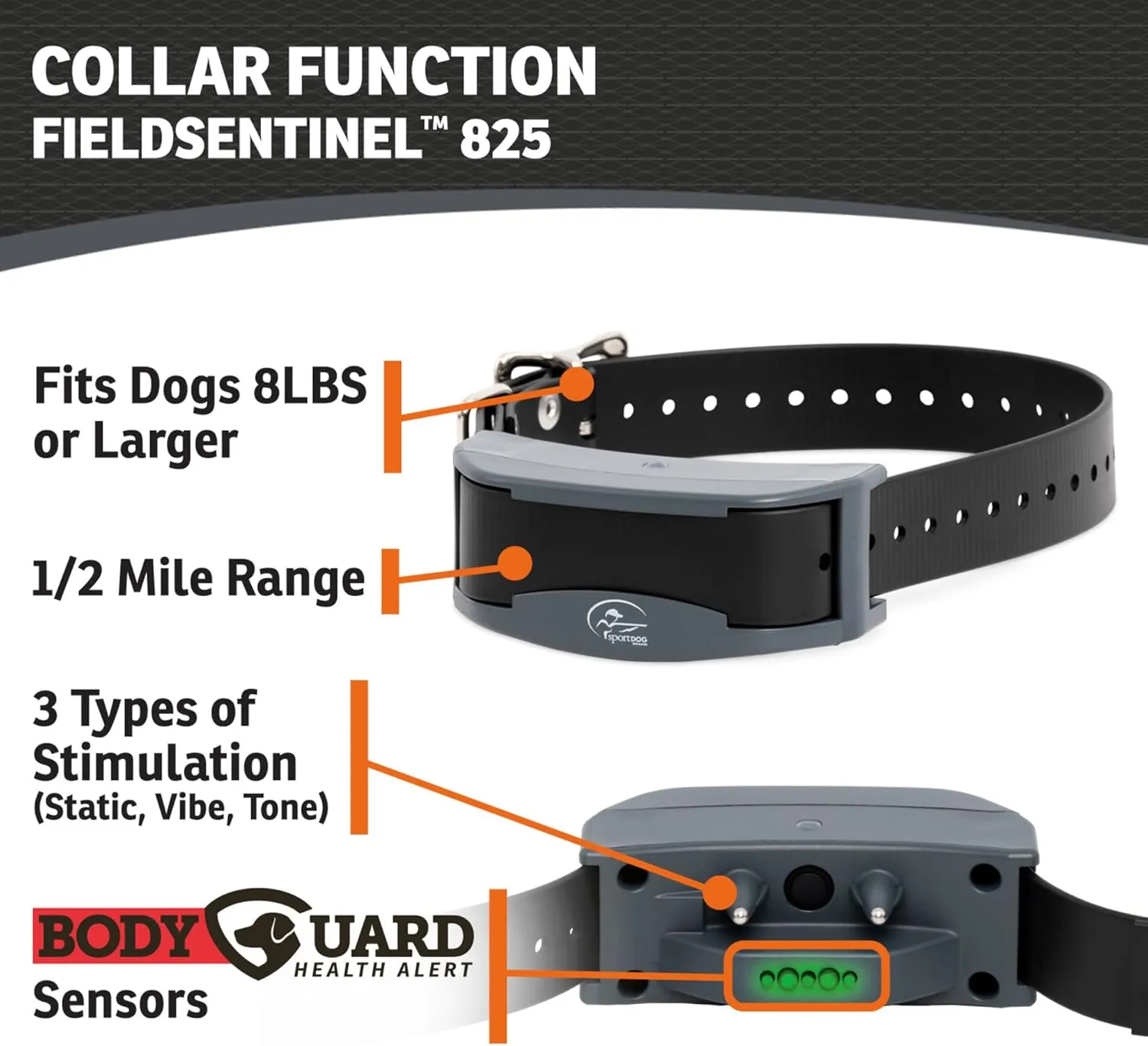 SportDOG Brand FieldSentinel 825 Remote Trainer with Bodyguard Health Alerts – World’s First Dog E-Collar with Health Monitoring – Train with Static, Vibrate, and Tone – ½ Mile Range