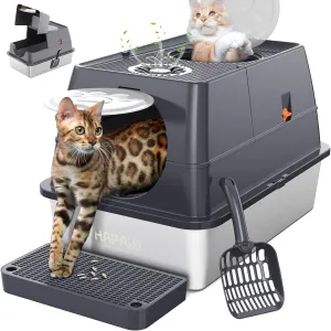Stainless Steel Litter Box with Lid, 135° Flip-Top Extra Large Cat Litter Pan, Enclosed Metal Litter Box with Litter Scoop & Filter Pedal, Anti-Leakage, Odor Free, Front & Top Dual Entry