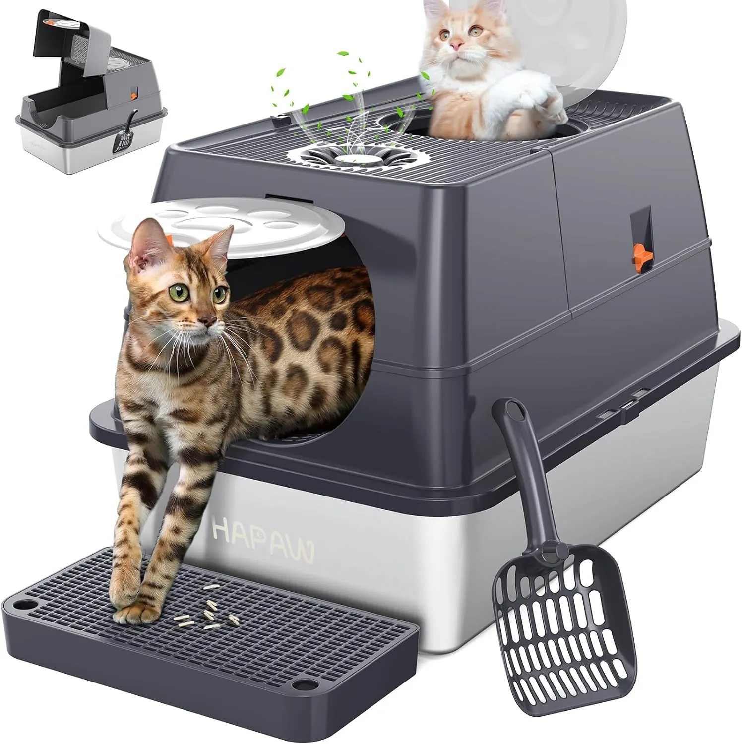 Stainless Steel Litter Box with Lid, 135° Flip-Top Extra Large Cat Litter Pan, Enclosed Metal Litter Box with Litter Scoop & Filter Pedal, Anti-Leakage, Odor Free, Front & Top Dual Entry