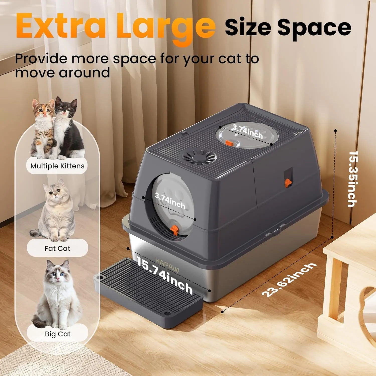 Stainless Steel Litter Box with Lid, 135° Flip-Top Extra Large Cat Litter Pan, Enclosed Metal Litter Box with Litter Scoop & Filter Pedal, Anti-Leakage, Odor Free, Front & Top Dual Entry