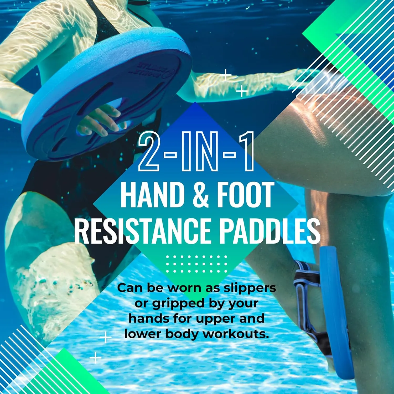 Sunlite Sports Aqua Trainer 2-in-1 Resistance Hand and Feet Paddle, Water Aerobics Set for Pool, Adult Aquatic Exercise for Aqua Workout, Low Impact Upper Lower Body Workouts