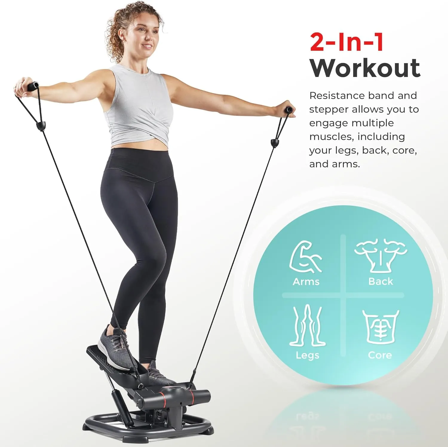 Sunny Health & Fitness 2-in-1 Premium Power Stepper with Resistance Bands, Low-Impact Cardio, Space-Saving, Height-Adjustable, with Enhanced Bluetooth Connectivity with Free SunnyFit App