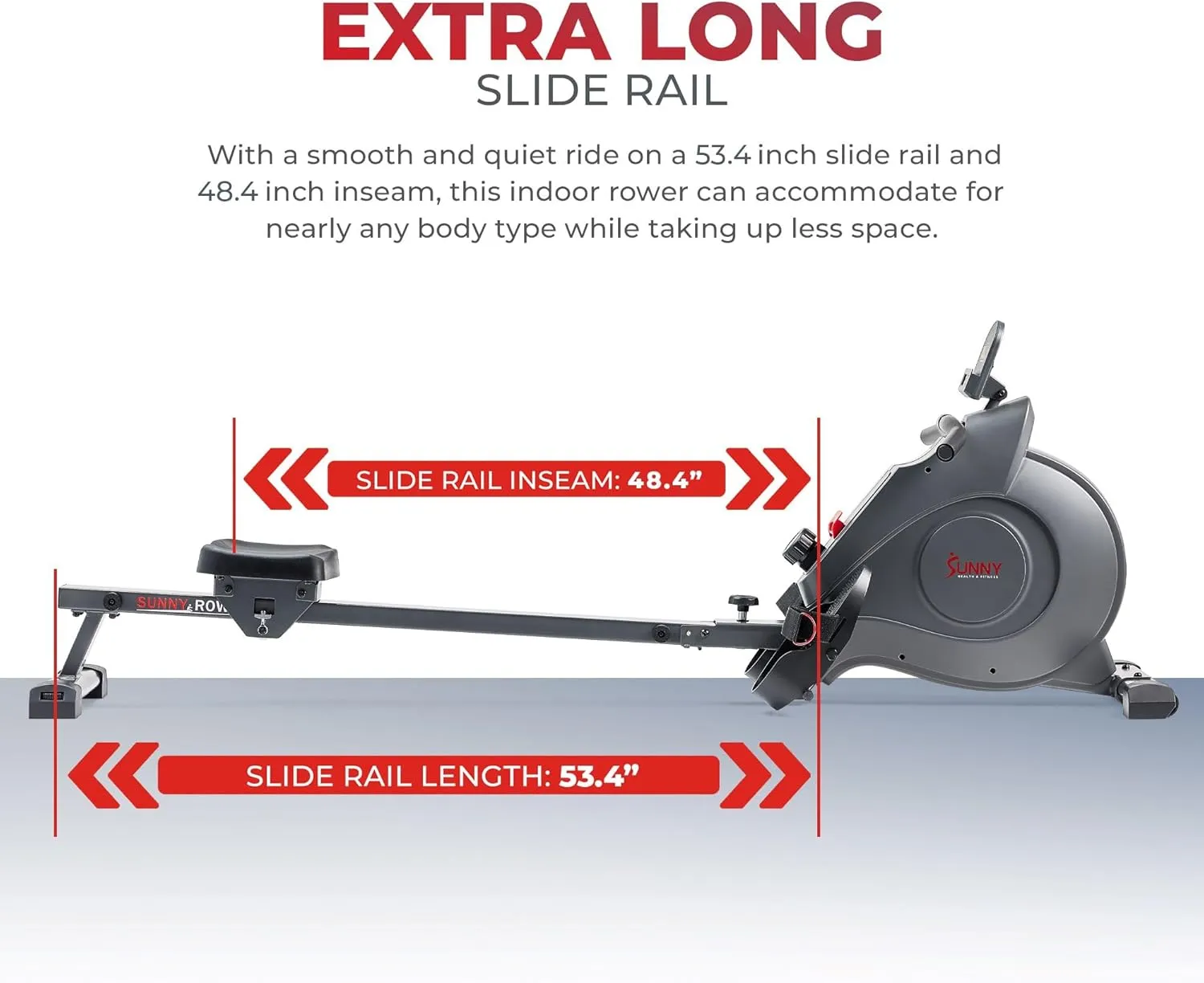 Sunny Health & Fitness Flip & Foldable Rowing Machine for Home w/Extended Slide Rail, Full-Body Workout, Low-Impact, Optional Extra Long Rail, Quiet Rail Cover, Water Motion and Free SunnyFit App