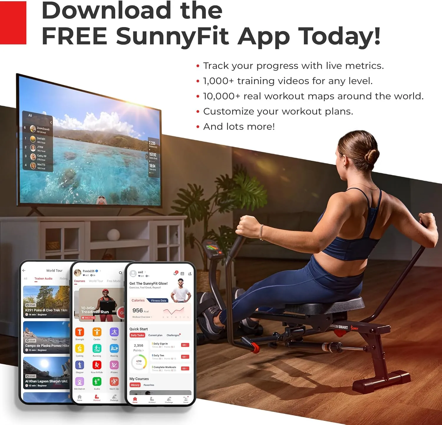 Sunny Health & Fitness Water Rowing Machine with Intense Dynamic Real-Time Resistance, 300 LB Capacity Water Rower Machine with Optional Free SunnyFit App Connectivity for Advanced Workout Metrics