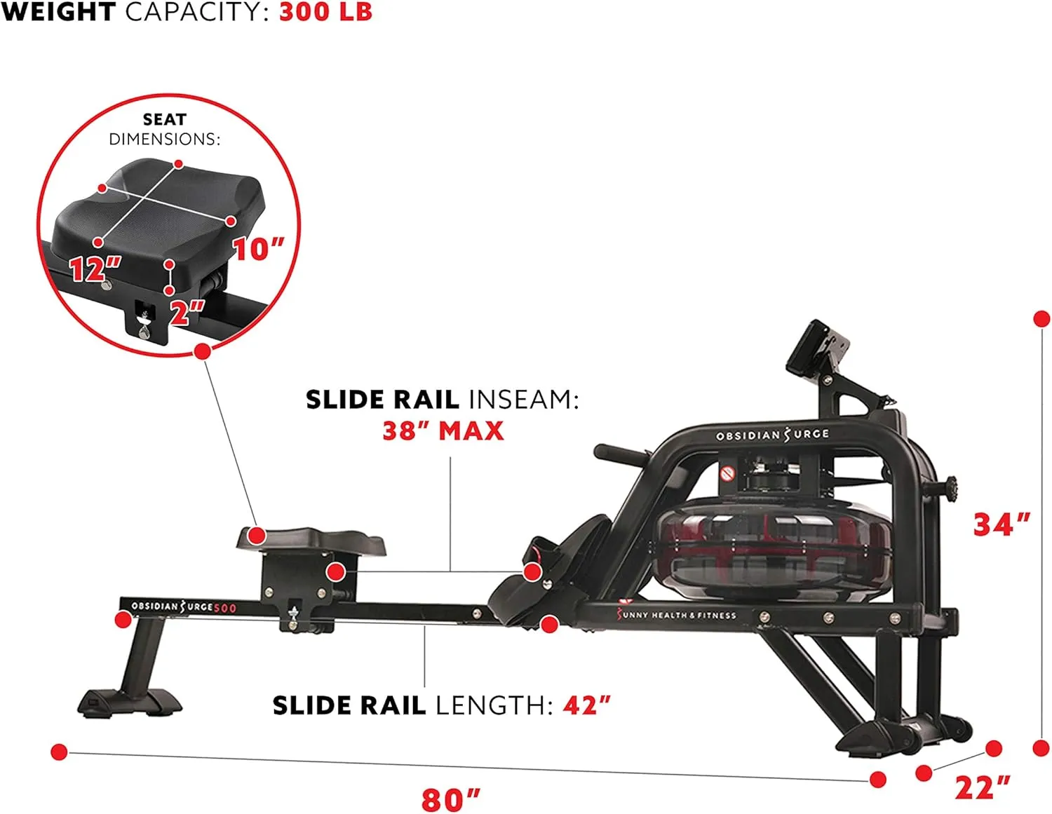 Sunny Health & Fitness Water Rowing Machine with Intense Dynamic Real-Time Resistance, 300 LB Capacity Water Rower Machine with Optional Free SunnyFit App Connectivity for Advanced Workout Metrics
