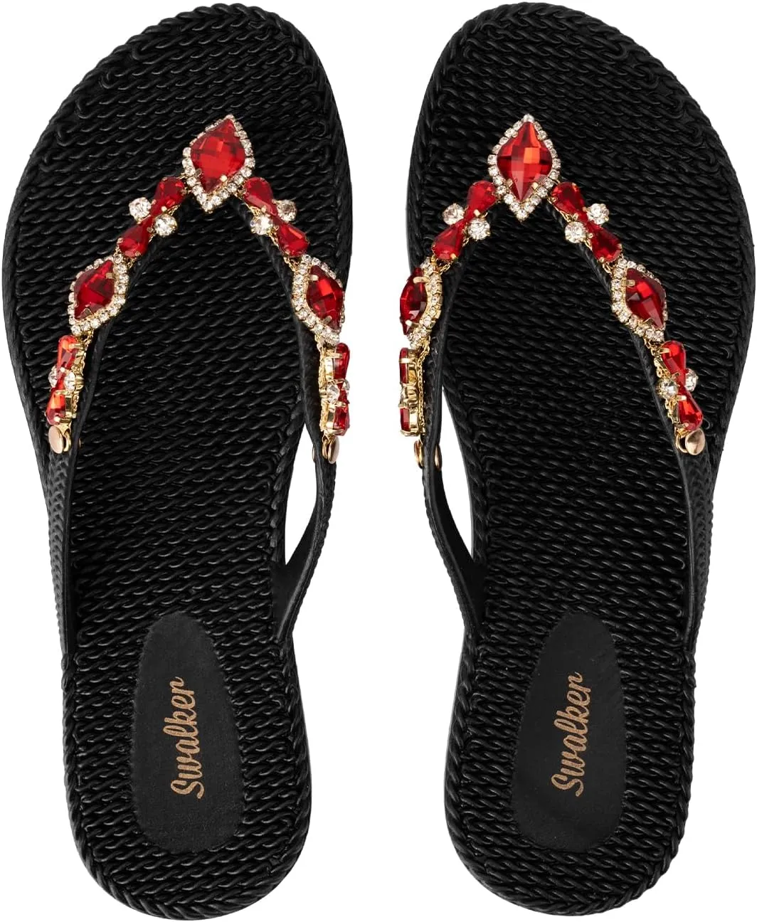Swalker Woman's Sandal Flip Flop With Rhinestone in Recyclable Rubber Sole, Crystal Thong