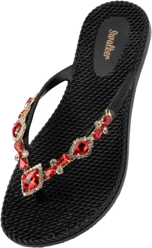 Swalker Woman's Sandal Flip Flop With Rhinestone in Recyclable Rubber Sole, Crystal Thong