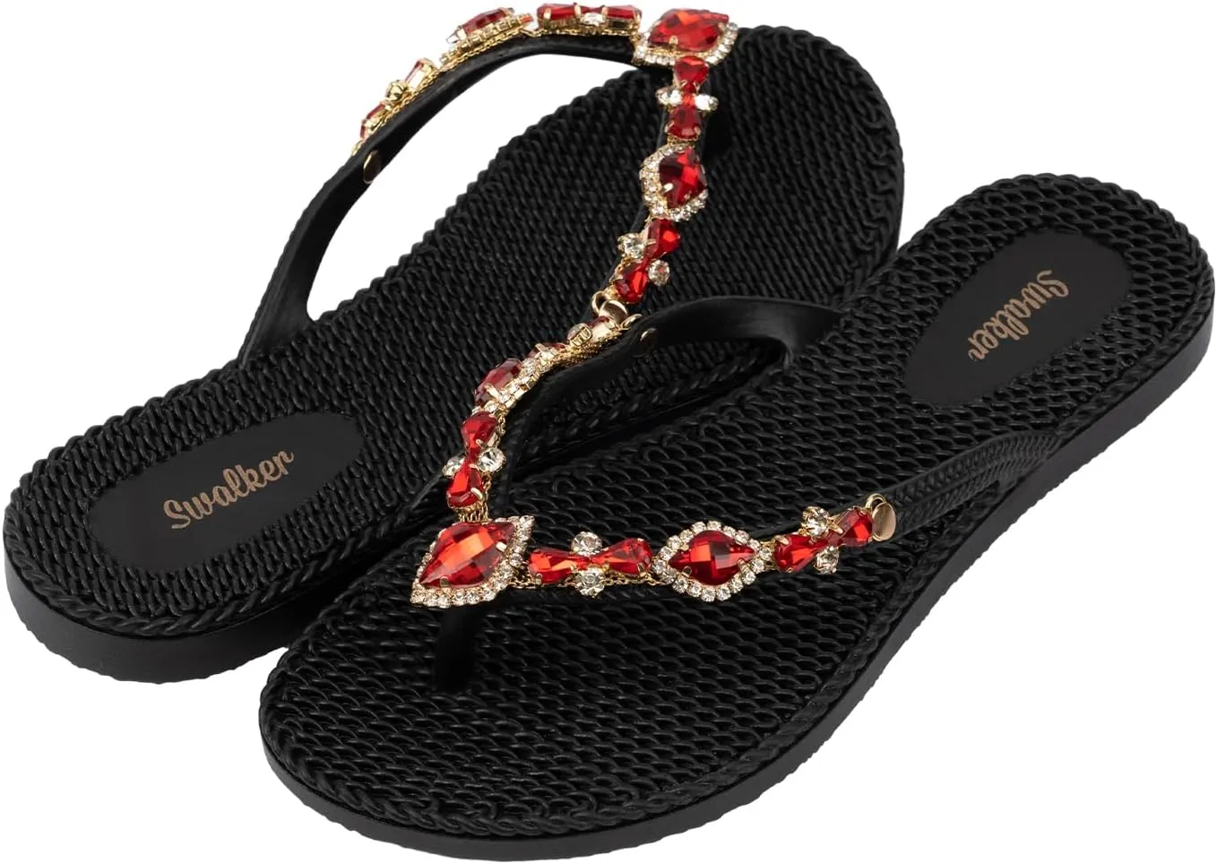 Swalker Woman's Sandal Flip Flop With Rhinestone in Recyclable Rubber Sole, Crystal Thong
