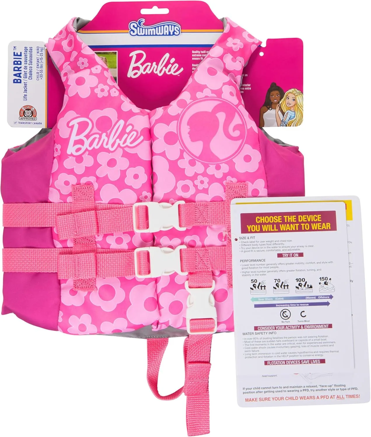 SwimWays Barbie Swim Trainer Life Jacket, US Coast Guard Approved Life Vest Kids Swim Vest, Pool Floats & Life Jackets for Kids 33-55 lbs