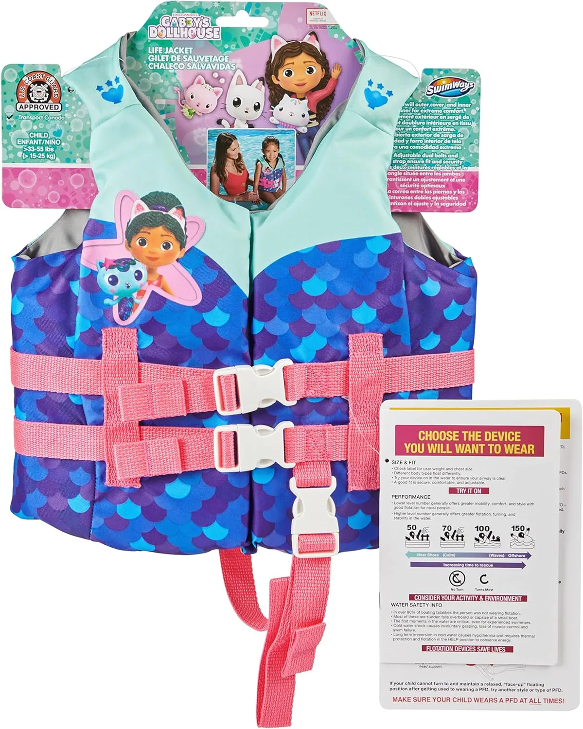 SwimWays Gabby's Dollhouse Swim Trainer Life Jacket, US Coast Guard Approved Life Vest Kids Swim Vest, Pool Floats & Life Jackets for Kids 33-55 lbs, Gabby
