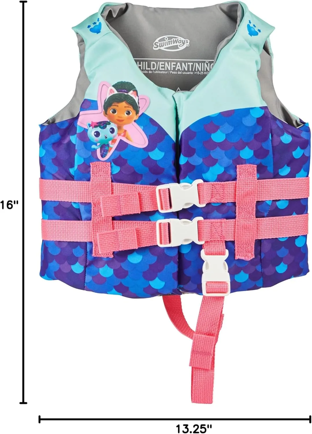 SwimWays Gabby's Dollhouse Swim Trainer Life Jacket, US Coast Guard Approved Life Vest Kids Swim Vest, Pool Floats & Life Jackets for Kids 33-55 lbs, Gabby