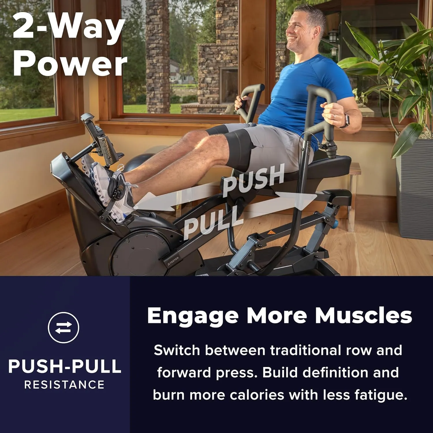 Teeter Power10 Rower with 2-Way Magnetic Resistance Elliptical Motion - Indoor Rowing Machine w/Bluetooth HRM Connectivity, Teeter Move App - Free Classes & Coaching