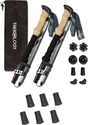 TREKOLOGY TREK-Z (Black 100-120cm) Trekking Hiking Poles / 6 pc Replacement Rubber Tips - Collapsible Folding Walking Sticks,Adjustable Quick Flip-Lock, Foldable Trekking Poles for Hiking.