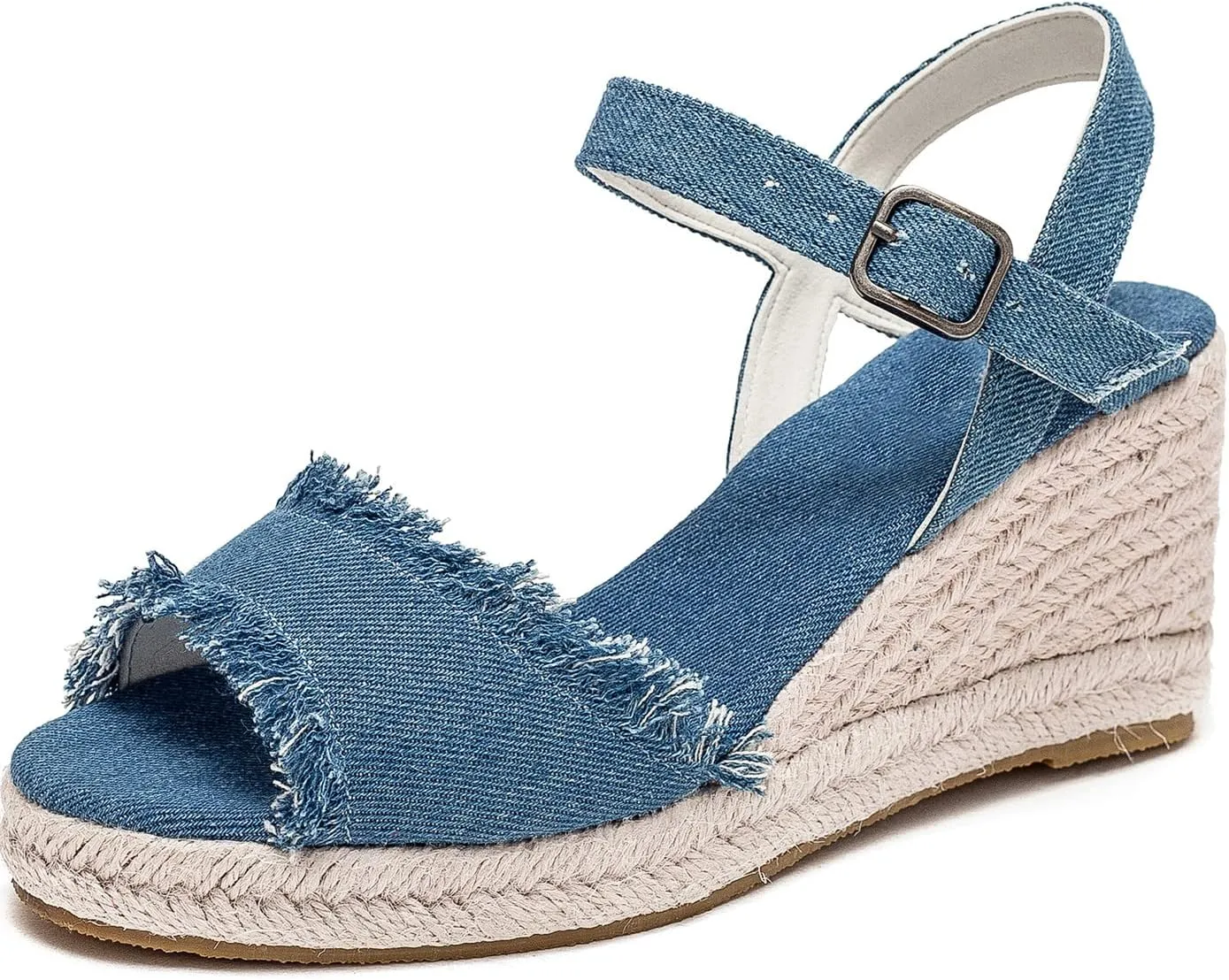 U-lite Peep Toe Canvas Espadrille Tassel Wedge Sandal for Women, Buckle Ankle Strap Flatform Casual Shoes