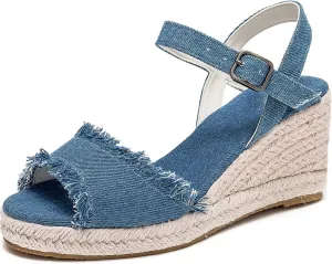 U-lite Peep Toe Canvas Espadrille Tassel Wedge Sandal for Women, Buckle Ankle Strap Flatform Casual Shoes