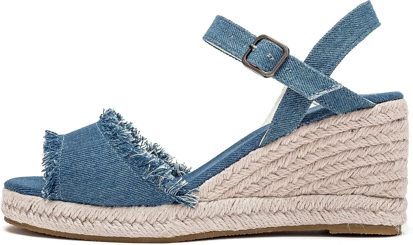 U-lite Peep Toe Canvas Espadrille Tassel Wedge Sandal for Women, Buckle Ankle Strap Flatform Casual Shoes