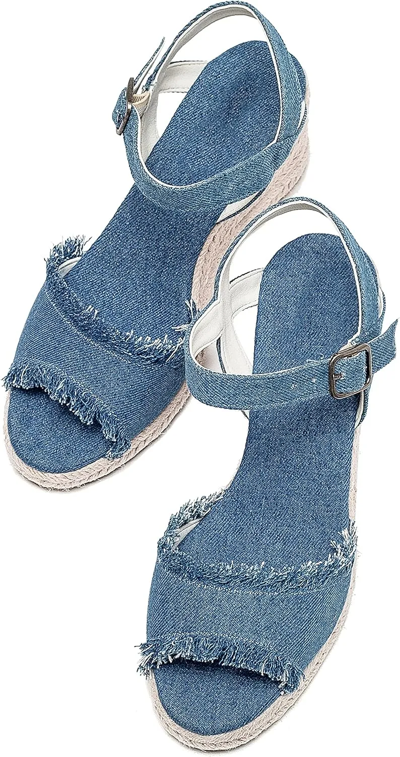 U-lite Peep Toe Canvas Espadrille Tassel Wedge Sandal for Women, Buckle Ankle Strap Flatform Casual Shoes