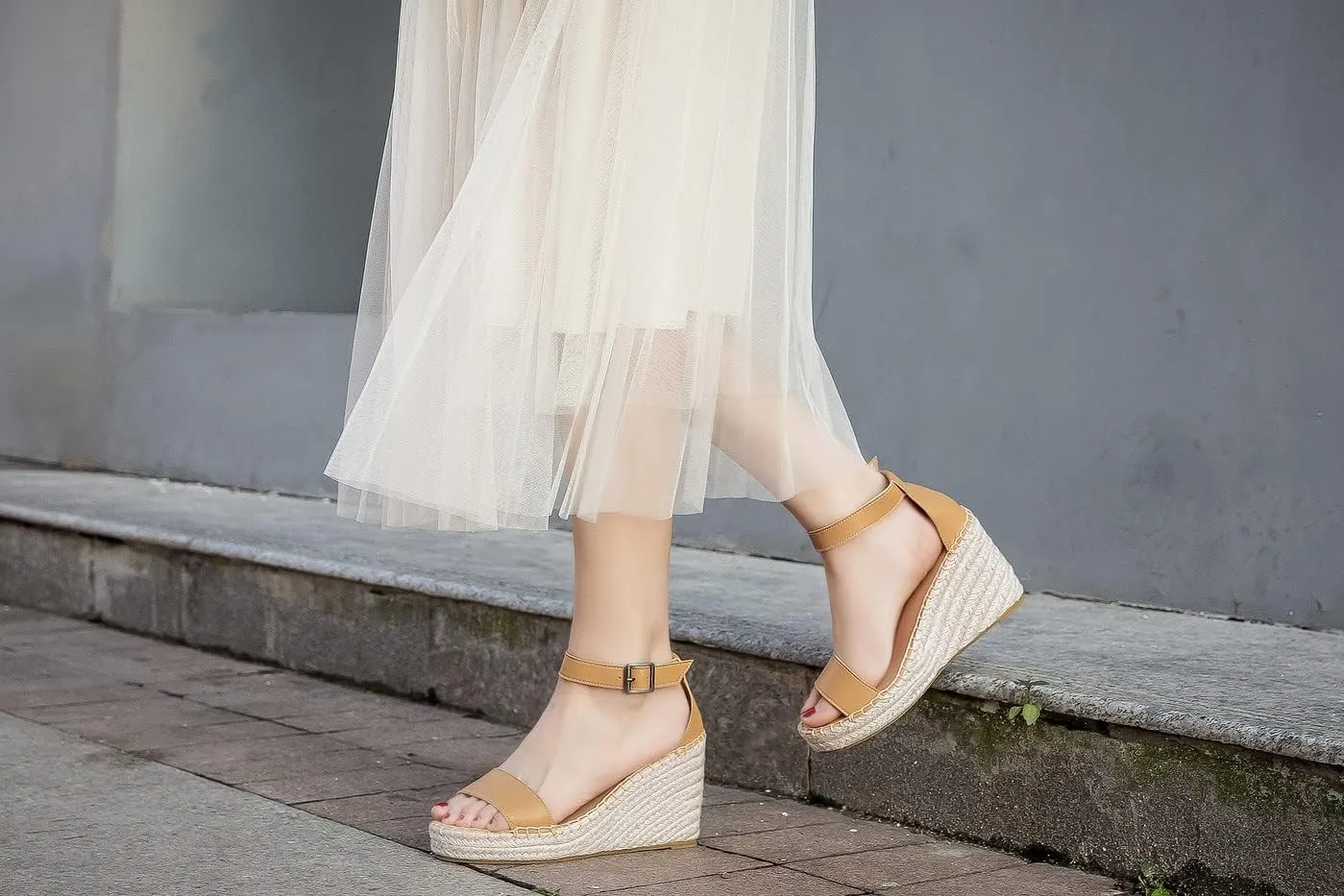 U-lite Peep Toe Platform Sandals for Women, Breathable Ankle-Tie Microfiber Leather Insole Espadrilles Shoes